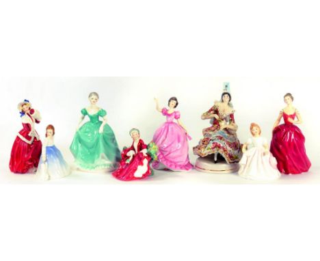 SEVEN ROYAL DOULTON, COALPORT AND ROYAL WORCESTER FIGURES OF YOUNG LADIES AND A CAPO DI MONTE FIGURE