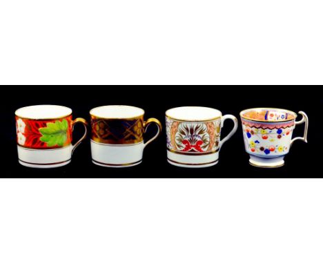 A SPODE COFFEE CUP OF LONDON SHAPE, A SPODE COFFEE CAN AND TWO OTHERS, VARIOUS PATTERNS, EARLY 19TH CENTURY