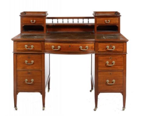 AN EDWARD VII MAHOGANY BOW CENTRED PEDESTAL DESK, C1905 with brass swag handles and tooled dark green leather inlet top, 104c