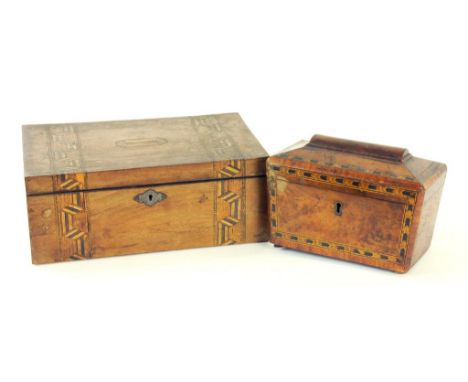 A VICTORIAN WALNUT TEA CADDY, 20CM W AND  ANOTHER VICTORIAN WALNUT BOX, 30CM W