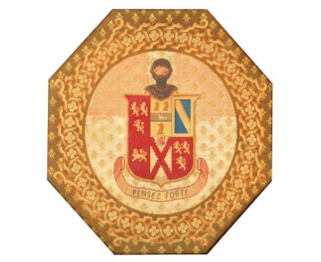 A VICTORIAN WOOLWORK ARMORIAL PANEL WITH ARMS, HELM AND MOTTO PENSEZ FORTE (PAUNCEFOTE) ON A FIELD OF FLEURS DE LYS, OCTAGONA