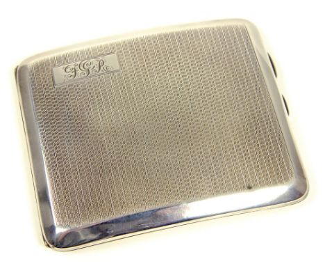 A GEORGE V SILVER CIGARETTE CASE, ENGINE TURNED, 10CM W, BIRMINGHAM 1928, 4OZS