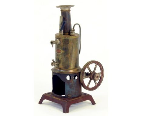 A BRASS AND FERROUS METAL LIVE STEAM VERTICAL ENGINE, SPIRIT POWERED, 23CM H, MARKED GC & CO N, EARLY 20TH CENTURY