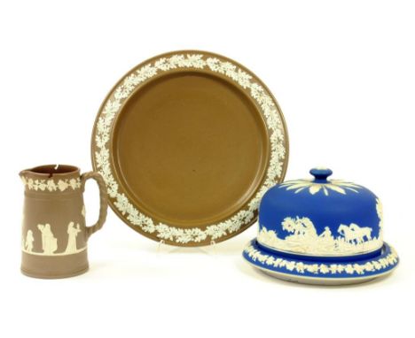 AN ADAM'S DARK BLUE JASPER CHEESE DISH AND COVER, 14CM H, IMPRESSED MARKS AND A CONTEMPORARY LATE VICTORIAN DUDSON STONEWARE 