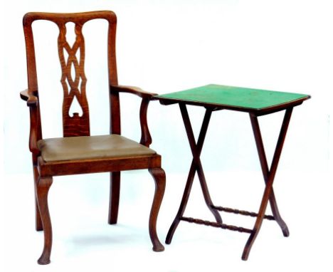 AN OAK ARMCHAIR WITH PIERCED SPLAT, 111CM H, EARLY 20TH CENTURY AND A STAINED WOOD FOLDING CARD TABLE