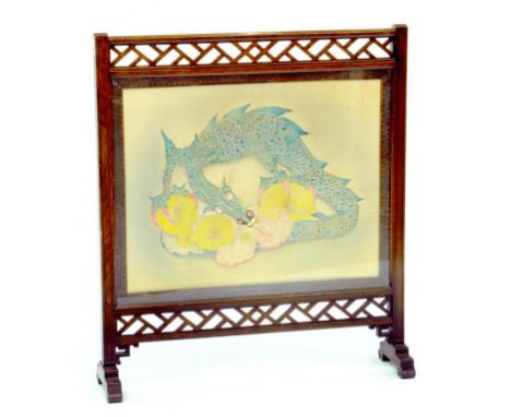 A FINE ARTS AND CRAFTS EMBROIDERED AND PAINTED SILK PANEL OF A DRAGON, WORKED IN METAL THREAD, IN CONTEMPORARY EARLY 20TH CEN
