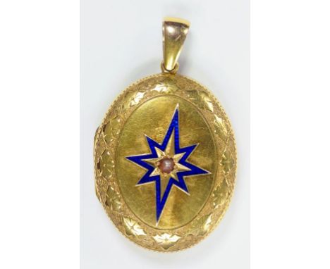 A VICTORIAN GOLD AND BLUE ENAMEL LOCKET WITH SPLIT PEARL SET STAR
