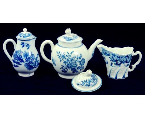 A WORCESTER BLUE AND WHITE HIGH CHELSEA EWER AND A CONTEMPORARY WORCESTER BLUE AND WHITE TEAPOT AND COVER, SPARROW BEAK JUG A