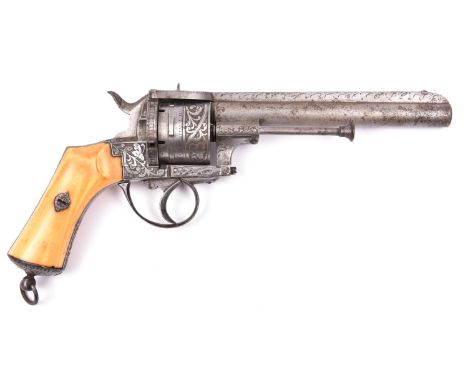 A Belgian 6 shot 12mm Lefaucheux-Jansen double action closed frame pinfire revolver, number 10471, c 1866, round barrel 158mm