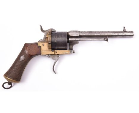 A German 6 shot 12mm Lefaucheux double action pinfire revolver, number 18868, c 1865, round barrel 152mm, the breech stamped 