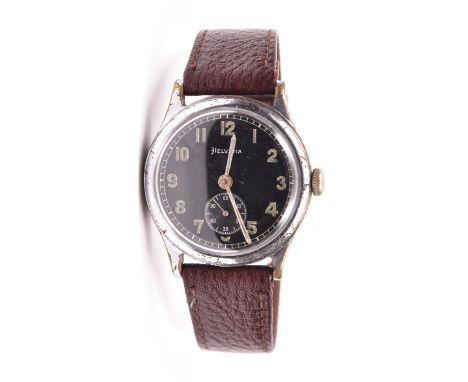 DH marked Helvetia wristwatch. Serial D200159H. Plated case with brushed finish, wear and pitting to plating, 33mm not includ