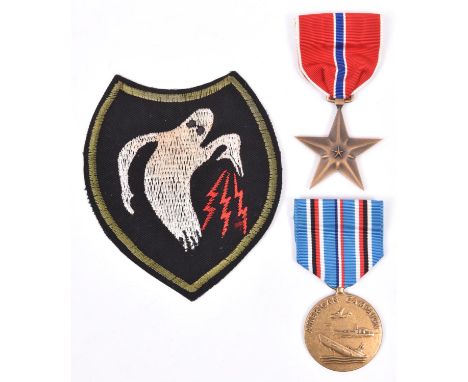 USA WWII bronze star and African campaign medals, EF and NVF; and an embroidered patch of the “Ghost Army” GC. The Ghost Army