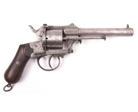 A Belgian 6 shot 12mm Meyer’s patent double action closed frame pinfire revolver, number 1233, c 1865, round barrel 140mm, en