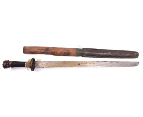 A Tibetan sword, probably 19th century, straight SE blade 26" with hatchet tip, the hilt having plain iron disc guard, octago