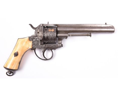A Belgian 6 shot 12mm Lefaucheux-Jansen double action closed frame pinfire revolver, number 230098, c 1866, round barrel 142m