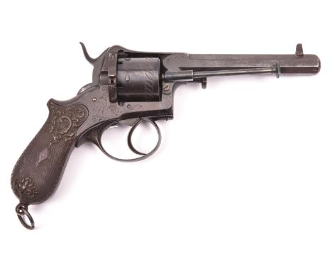 A 6 shot 9mm double action closed frame pinfire revolver, c 1868, octagonal barrel 127mm, the barrel and frame engraved with 