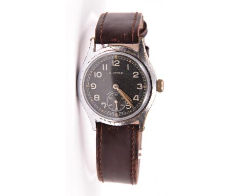DH marked Civitas wristwatch. Serial D2735962H. Plated case, some wear and pitting to plating, 33mm without crown. Fixed bars