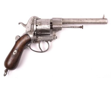 A Belgian made 6 shot 12mm double action military pinfire revolver, c 1860, number 801, round barrel 140mm, the breech stampe