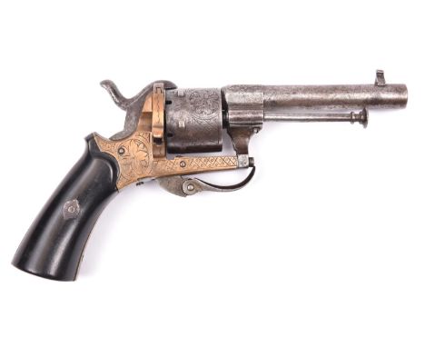 A Belgian 6 shot 7mm Lefaucheux double action pin fire revolver, c 1865, round barrel 86mm, the cylinder and bronze frame eng