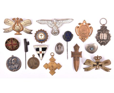 16 various Imperial German and Third Reich Civilian, Religious, etc brooches, badges and medallions, including pinback enamel