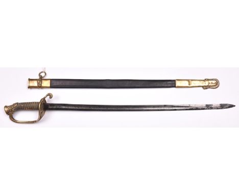 A 19th century American Naval officer’s sword,  blade 28” etched with scrolls and oak leaves, anchor, and “US Navy”; French s