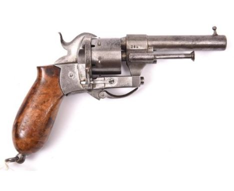 A French 6 shot 7mm Dumonthier double action pinfire revolver, c 1865, number 2518, round barrel 82mm, the breech stamped “DU