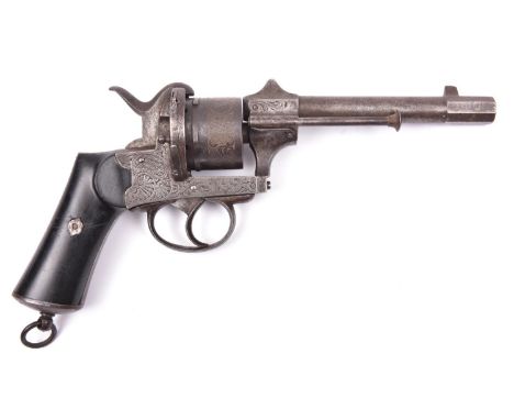 A Continental 6 shot 12mm double action pinfire revolver, c 1865, sighted round barrel 144mm with octagonal breech and muzzle