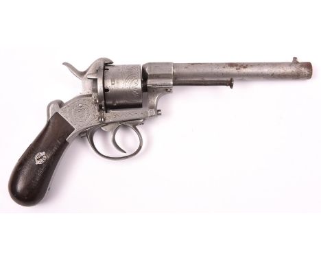 A Belgian 6 shot 12mm Lefaucheux double action pinfire revolver, c 1865, round barrel 158mm, Liege proved, simple scroll engr