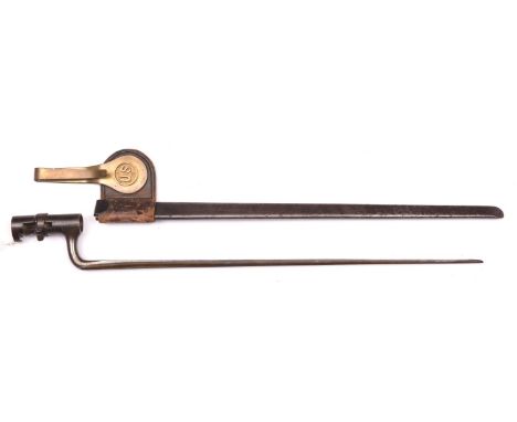 An American triangular bladed socket bayonet for the M1873 rifle, in its steel scabbard with leather frog and brass belt hook