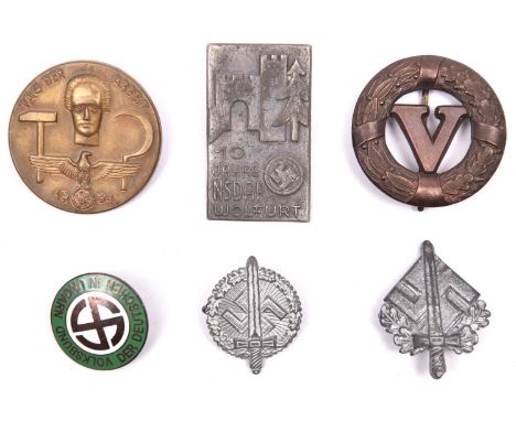 6 Third Reich small pin back badges: Hungarian Deutschen Volksbund enamelled; grey metal 10th anniversary of the founding of 