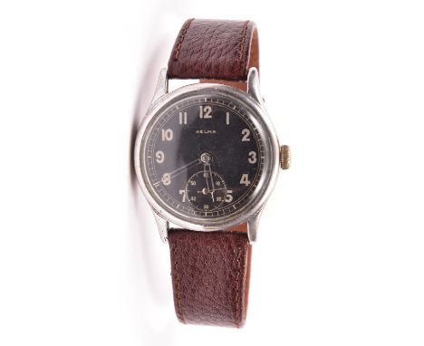 DH marked Helma wristwatch. Serial D 6642 H. Plated case, some wear to plating, 32mm without crown. Fixed bars. Screw casebac