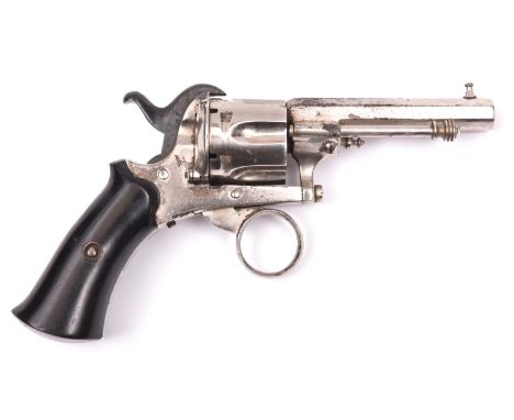 A Belgian 6 shot 7mm double action ring trigger pinfire revolver, c 1868, octagonal barrel 75mm, Liege proved, bright nickel 