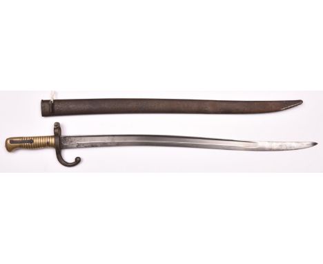 A French 1866 pattern Chassepot bayonet, the blade engraved “St Etienne Avril 1877”, the brass hilt, in its steel scabbard. B