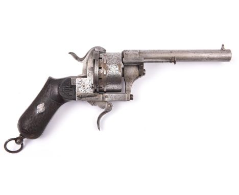 A Spanish 12 shot 7mm double action pinfire revolver c 1865, round barrel 120mm, the octagonal breech engraved “Rl PRIVILEGIO