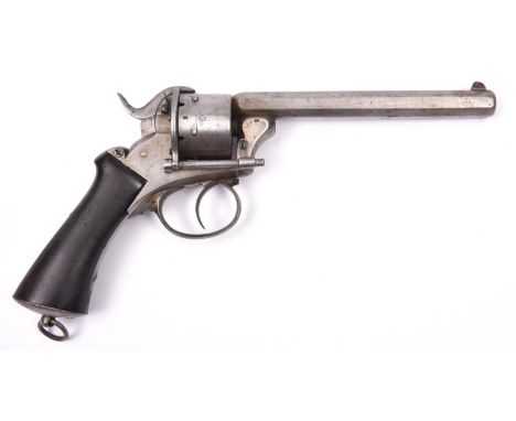 A Belgian 6 shot 12mm Comblain double action pinfire revolver, number 2253, c 1865, octagonal barrel 168mm, the left frame be