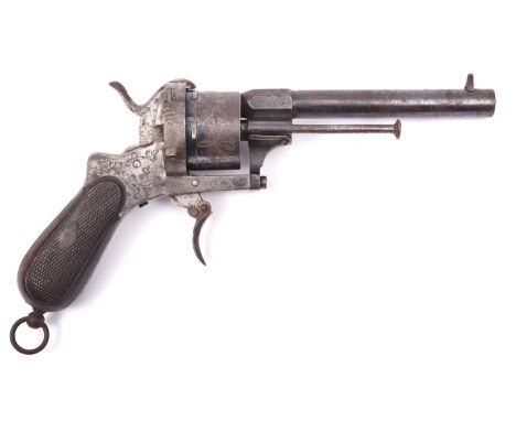 A Spanish 6 shot 12mm Aranguren double action pinfire revolver c 1866; round barrel 137mm inlaid in gold “F. DE JOSE ARANGURE