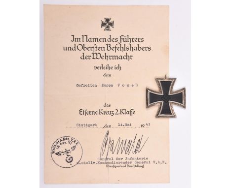 A 1939 Iron Cross 2nd Class, VGC apart from the suspension ring missing, together with award certificate to Gefreitern Eugen 