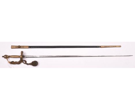 A Victorian Court sword, slender blade 31½” etched with crowned “VR”, scrolls, crossed flags, and maker’s name “Haynes &amp; 