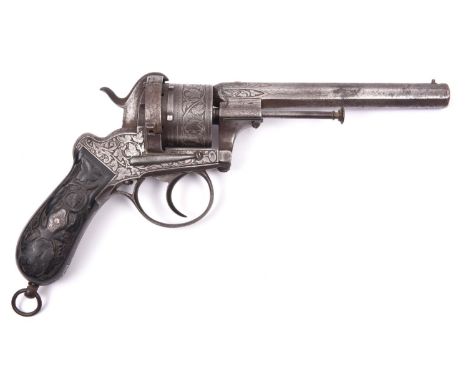A Belgian 6 shot 12mm Lefaucheux double action pinfire revolver by Francotte, number 115022, c 1863, octagonal barrel 155mm e