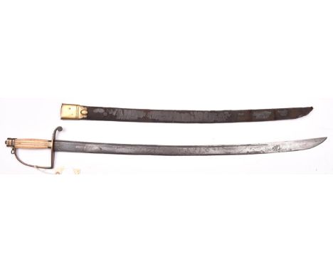 A late 18th century Infantry officer’s spadroon, broad SE blade 29½” with single narrow fuller, plain brass stirrup hilt with