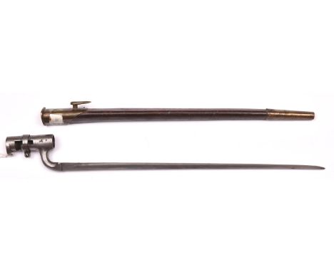 A P1853 Enfield triangular bladed socket bayonet, the socket numbered “148”, in its brass mounted leather scabbard. Generally