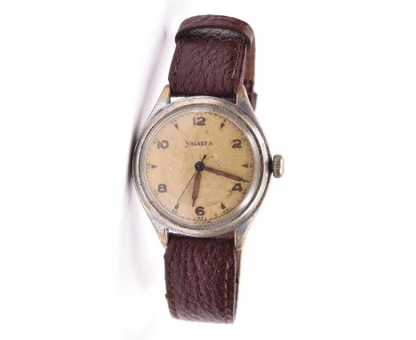 D.I.H marked Helvetia centre seconds wristwatch. Serial D.I.000687H. Plated case with snap back, wear to plating on sides and
