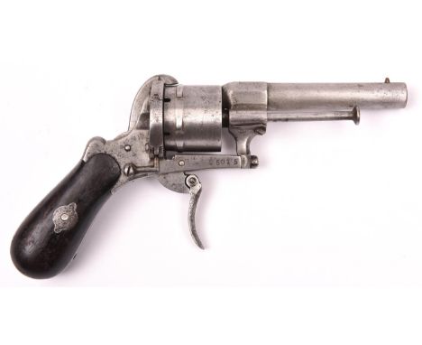 A German 6 shot 7mm Lefaucheux self cocking pinfire revolver, number 25015, c 1866, round barrel 85mm, the breech left side s