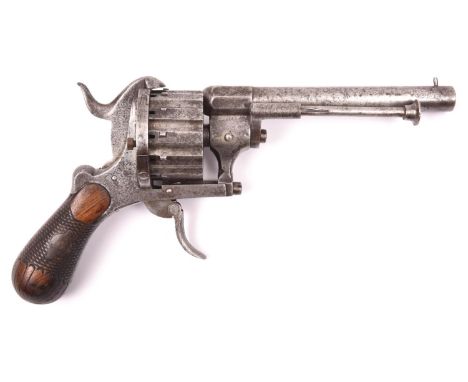 A scarce German 12 shot 7mm Lefaucheux patent double action pinfire revolver, number 1453 (?faint), round barrel 120mm, stamp