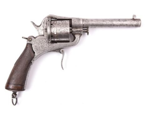 A Belgian 6 shot 12mm closed frame double action pinfire revolver, c 1865,  round barrel 130mm, engraved in gothic script “Be