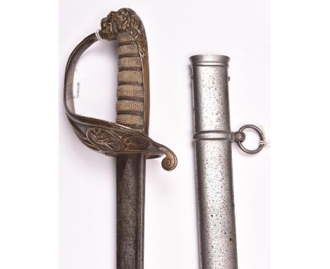 An early Victorian 1827 pattern Naval officer’s sword, slender pipe back blade 29”, the regulation pattern brass hilt having 