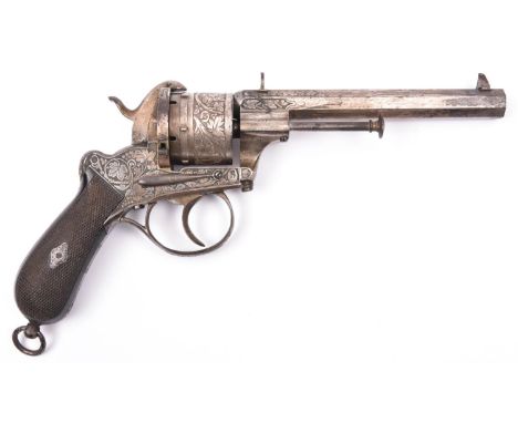 A good Belgian 6 shot 12mm Lefaucheux double action pinfire revolver by Francotte of Liege, number 129360, c 1863, sighted oc