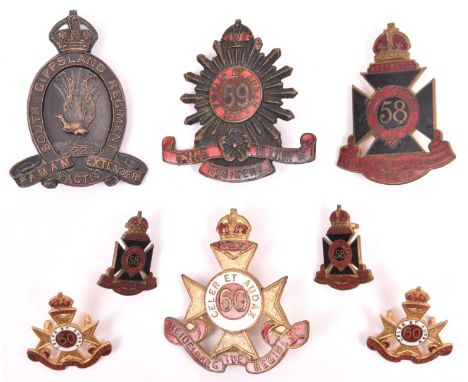 4 pre WWII Australian Infantry cap badges: bronze 22nd, and enamelled 58th (Essendon-Coburg-Brunswick), 59th (Coburg-Brunswic
