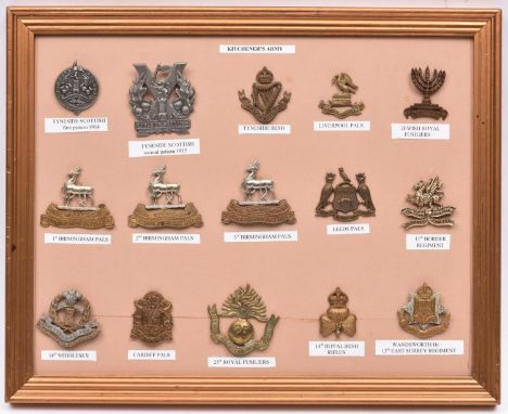 15 restrike mostly WWI “Kitchener’s Army” cap badges, including 1st type Tyneside Scottish, 1st 2nd, and 3rd Birmingham Bns, 