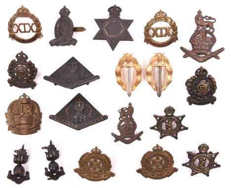 5 pairs of pre WWII Australian Infantry collar badges:  10th, 17th, 19th, 24th and 48th; singles of the 22nd (lacking lugs) a